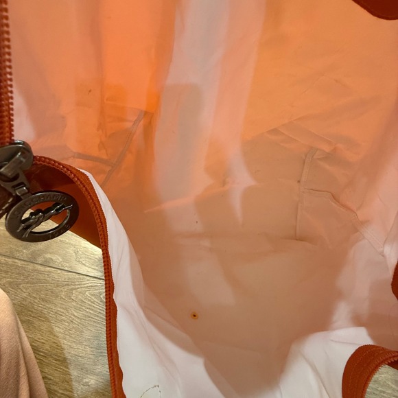 Longchamp Le Pliage Large Travel Weekender Tote Orange Leather Fair Condition - Picture 13 of 16